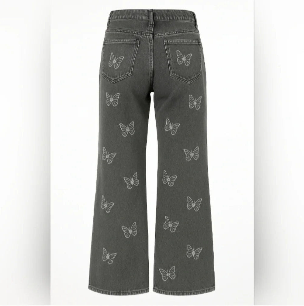 Butterfly Embroidered Gray Women Jeans